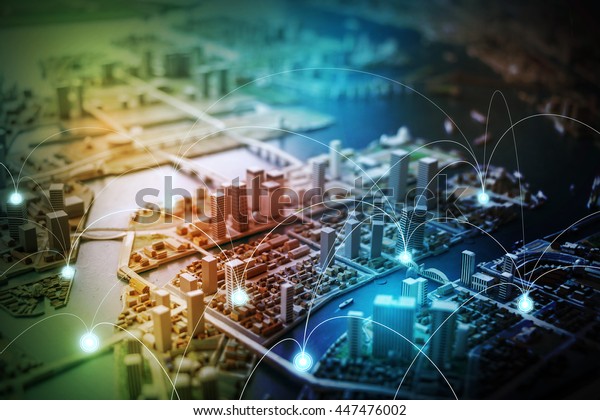 modern city diorama and\
wireless sensor network, sensor node and connecting line,\
information communication technology, internet of things, abstract\
image visual