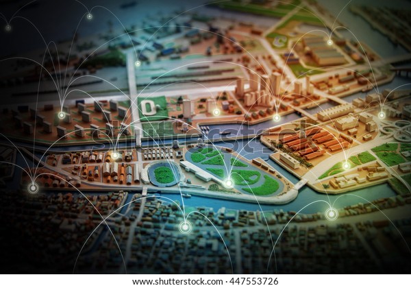 modern city diorama and wireless sensor network,\
sensor node and connecting line, internet of things, abstract image\
visual