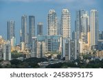 Modern City high-rise skyscraper buildings. Aerial drone view of the Financial District in Mumbai. Daytime Mumbai City, India