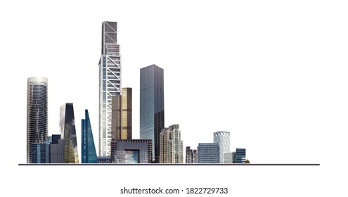 Modern City illustration isolated at white with space for text. Success in business, international corporations, Skyscrapers, banks and office buildings.   - Shutterstock ID 1822729733