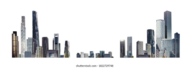 Иллюстрация современного города, выделенная белым цветом с пространством для текста. Успех в бизнесе, международных корпорациях, небоскребах, банках и офисных зданиях.  