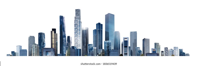 Иллюстрация современного города, выделенная белым цветом с пространством для текста. Успех в бизнесе, международных корпорациях, небоскребах, банках и офисных зданиях.