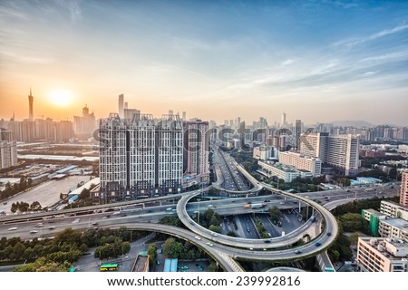 modern city interchange overpass at dusk in guangzhou, HDR image 