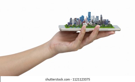 Modern City Model On Smartphone In Women's Hand Holding Isolated On White Background With Clipping Path.