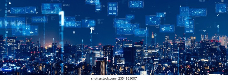 Modern city night view and digital communication network concept. Wide angle visual for banners or advertisements.