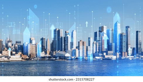 Modern city skyline with double exposure of wireframe digital interface and arrows. Concept of smart city, internet of things and global network technology. New York - Powered by Shutterstock