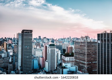 Modern City Skyline During Sunset Seen From Altino Arantes Building, Historic Center In Downtown São Paulo, Brazil