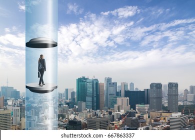 modern city skyline and futuristic elevator. space elevator concept.