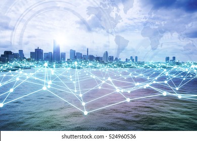 modern city skyline and mesh network concept