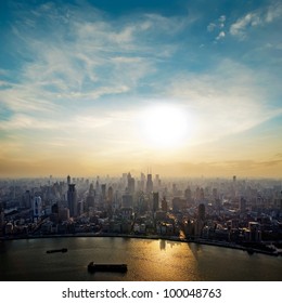 modern city at sunrise,Shanghai skyline.