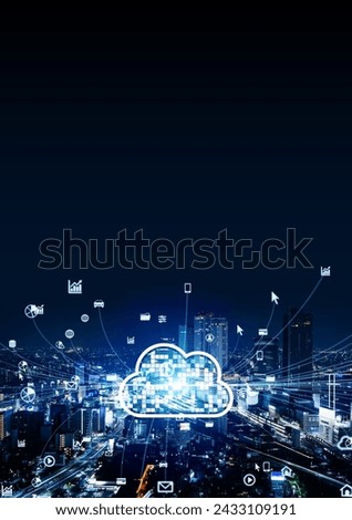 Modern city traffic and cloud computing concept. Communication network. Digital transformation. Software as a service. Vertical visual for advertisements and banners.