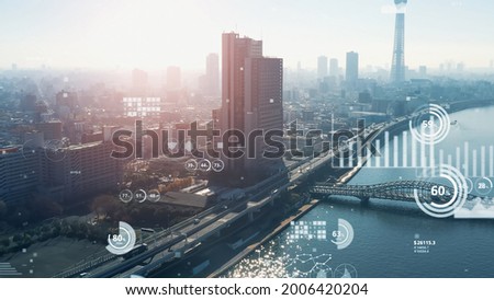 Modern city and various charts. Statistics of business. Management strategy. Stock photo © 