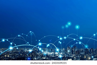 Modern city and wireless communication network concept. Smart city. Digital transformation. Visual with copy space for advertisements and banners - Powered by Shutterstock