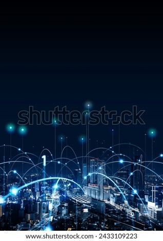 Modern city and wireless communication network concept. Smart city. Digital transformation. Vertical visual for advertisements and banners.