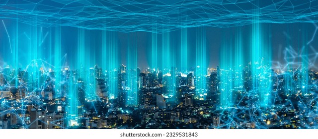 Modern city with wireless network connection and city scape concept.Wireless network and Connection technology concept with city background at night.