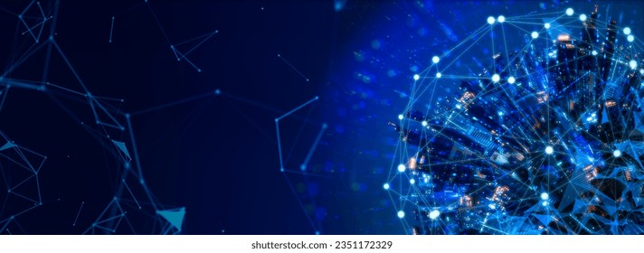Modern city with wireless network connection and city scape concept.Wireless network and Connection technology concept with city background at night. - Shutterstock ID 2351172329