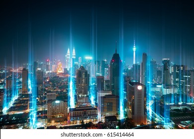 Modern City With Wireless Network Connection Concept , Abstract Communication Technology Concept .