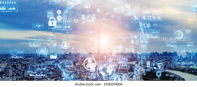 Modern cityscape and communication network concept. Telecommunication. IoT (Internet of Things). ICT (Information communication Technology). 5G. Smart city. Digital transformation. - Shutterstock ID 1930294004