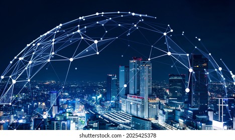 Modern cityscape and communication network concept. Smart city.