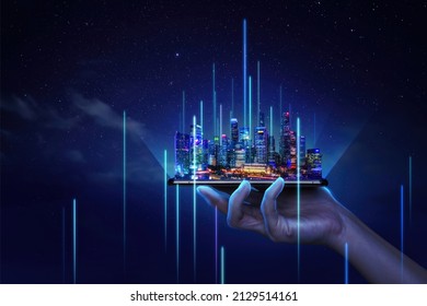 Modern cityscape and communication network concept. (Internet of Things). ICT (Information communication Technology). 5G. Smart city. Digital transformation. Singapore - Shutterstock ID 2129514161
