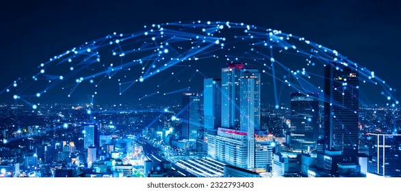 Modern cityscape and communication network concept. Telecommunication. IoT (Internet of Things). 5G. Smart city. Digital transformation. Composite visual with a drone point of view. Mixed media. - Powered by Shutterstock