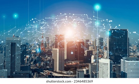 Modern cityscape and communication network concept. Telecommunication. IoT (Internet of Things). ICT (Information communication Technology). 5G. Smart city. Digital transformation. - Shutterstock ID 2346485369