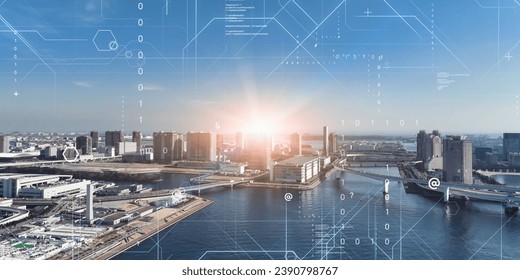 Modern cityscape and communication network concept. Telecommunication. IoT (Internet of Things). 5G. Smart city. Digital transformation. - Powered by Shutterstock