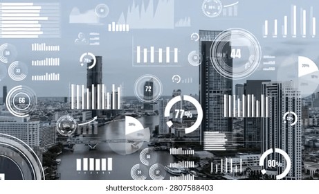 Modern cityscape with digital data, graphs, and futuristic overlays