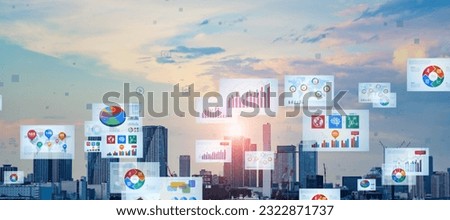 Modern cityscape and digital documents concept. Digital transformation. Paperless work. Composite visual with a drone point of view. Mixed media.