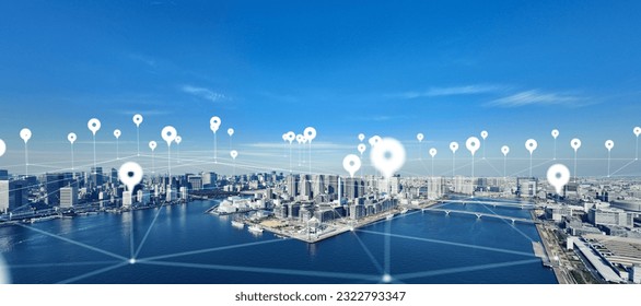 Modern cityscape and location information concept. GPS. Global Positioning System. Navigation map. Composite visual with a drone point of view. Mixed media.