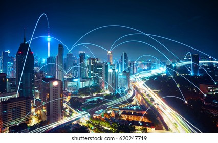 Modern cityscape and network connection concept .