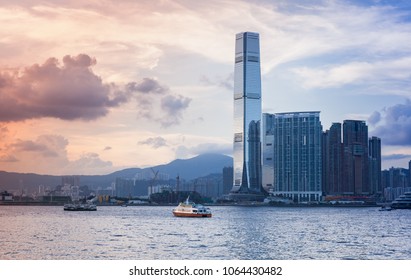 Modern Cityscape With Skyscrapers. International Commerce Centre Of Hong Kong Under Colorful Evening Sky