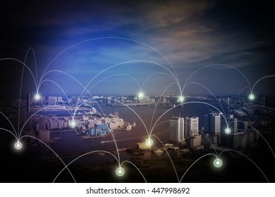 modern cityscape and wireless sensor network, sensor node and connecting line, information communication technology, internet of things, abstract image visual