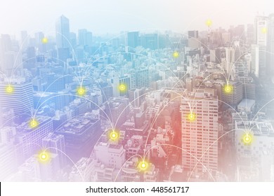 modern cityscape and wireless sensor network, sensor node and connecting line, internet of things, abstract image visual