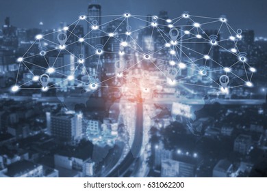 modern cityscape and wireless sensor network, sensor node and connecting line, ICT (information communication technology), internet of things, abstract image visual, white space empty.
