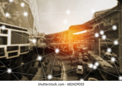 modern cityscape and wireless sensor network, sensor node and connecting line, ICT (information communication technology), internet of things, abstract image visual, white space empty.