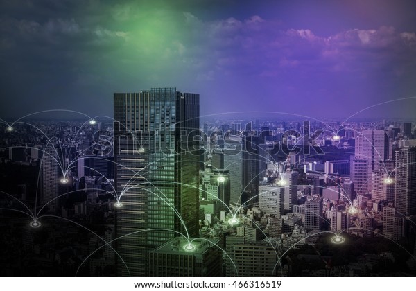 modern cityscape and wireless\
sensor network, sensor node and connecting line, Information\
Communication Technology, internet of things, abstract image\
visual