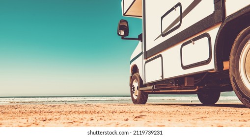 Modern Class C Motorhome Camper Van RV on a Sandy Pismo Beach in California. Summer Vacation Road Trip.  - Shutterstock ID 2119739231