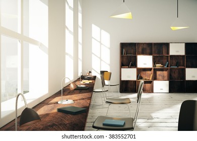 Modern classroom with books and lamps at sunrise, 3D Render