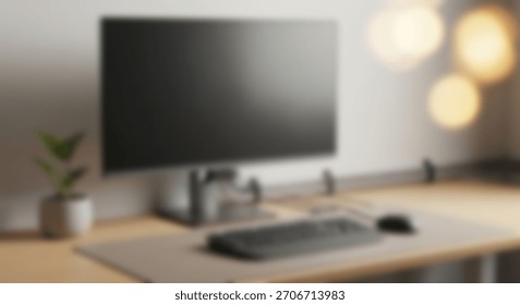 Modern and clean workspace setup with computer monitor, keyboard, and plant.
