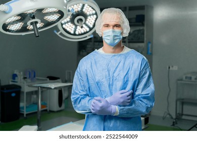 in a modern clinic in a bright, spacious operating room, the surgeon is fully prepared to perform the operation in the operating room - Powered by Shutterstock