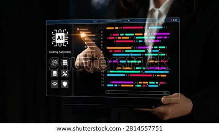 Modern Coding Assistant Interface with Colorful Code Snippets and AI Functionality for Software Development and Programming in Dark Environment