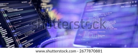 Modern coding setup with two monitors displaying Python scripts, showcasing software development, scripting, and a high-tech workflow.