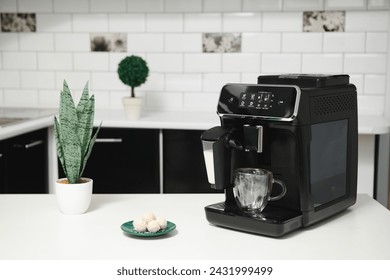 Modern coffee machine in kitchen,
