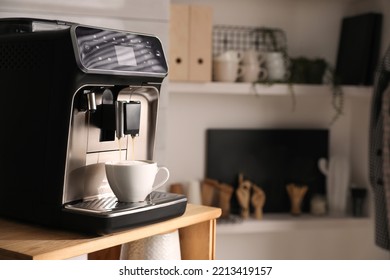 Modern Coffee Machine Making Tasty Drink In Office Kitchen, Space For Text