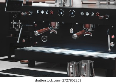 Modern coffee maker coffee machine in the bar with a digital display for making multiple cups of coffee
