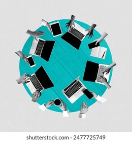 Modern collaboration. Creative design with human hands interaction with laptops, predictive project work, coworking space. Contemporary art collage. Business, career, brainstorming, teamwork concept - Powered by Shutterstock