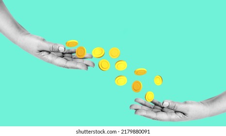 Modern collage art money wealth, income, profit and savings concept. Contemporary art collage with male hand donation golden coins isolated on green background.ad, offering lend.money income.cash lend - Shutterstock ID 2179880091