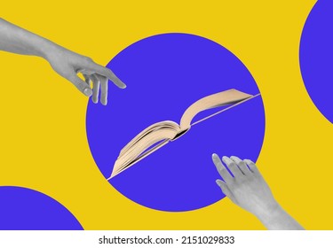 Modern collage with woman hands directing to book. Education, intellectual development, wisdom, enlightenment concept in blue and yellow colors. High quality photo - Shutterstock ID 2151029833