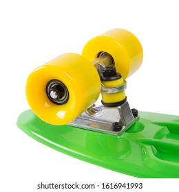 Modern Colorful Skateboard - Pennyboard Isolated On White, Wheels Close Up